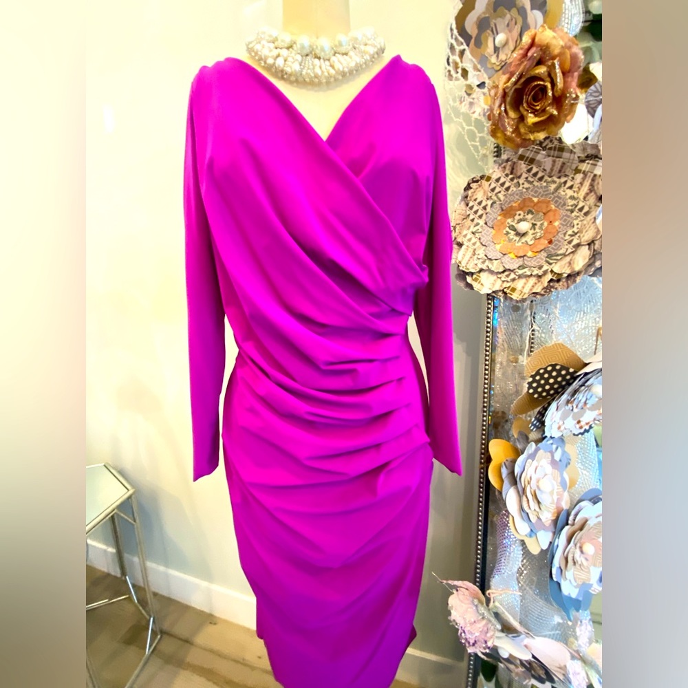 Chiara Boni La Petite Robe V Neck Cocktail Dress Size 14US / 50 IT   Fuchsia